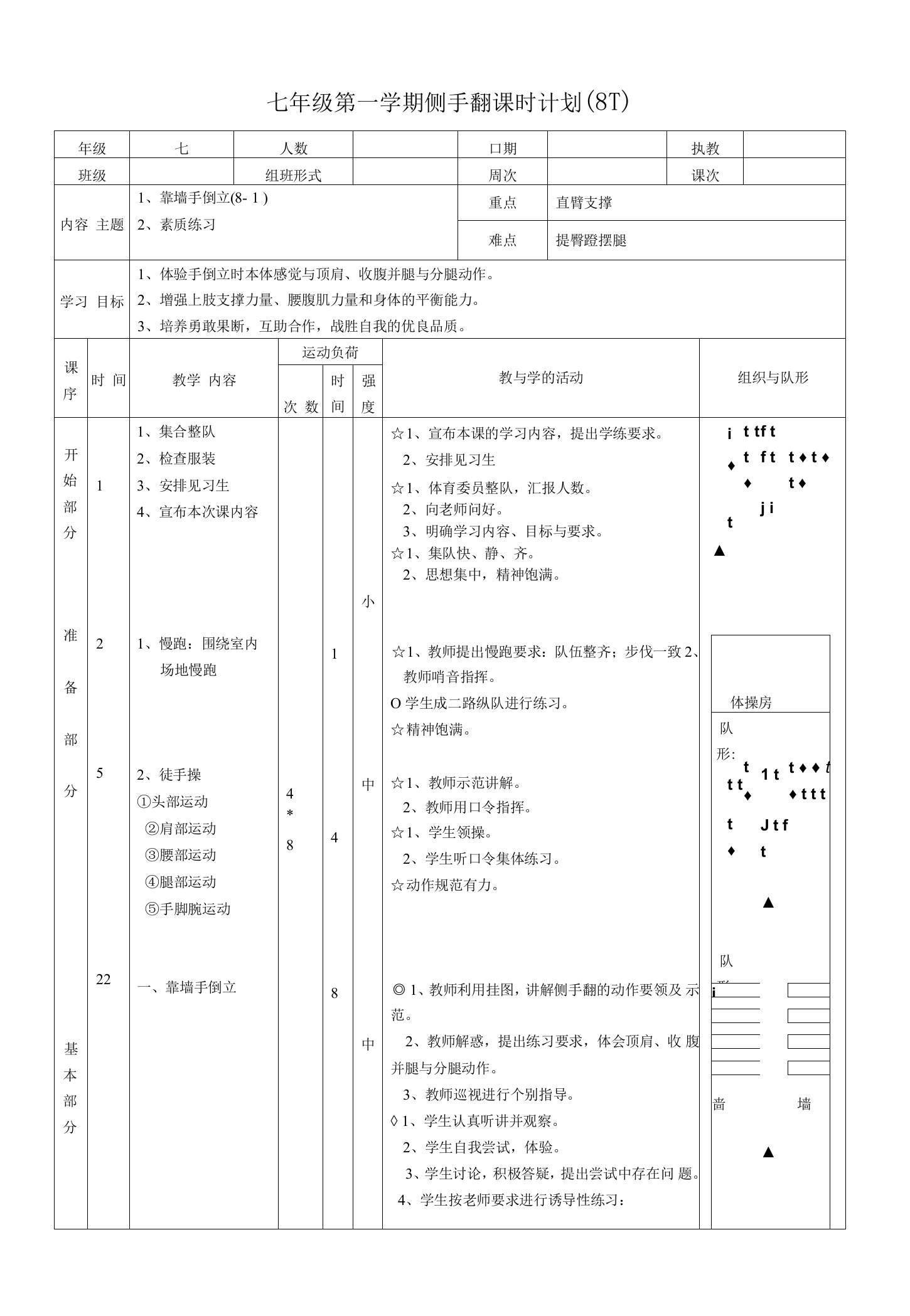 水平四（七年级）体育《靠墙手倒立》教案