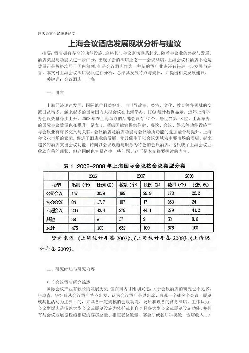 酒店论文会议服务论文-上海会议酒店发展现状分析与建议