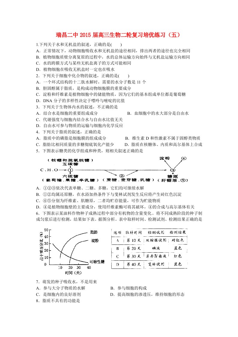 江西省九江市瑞昌二中2015届高三生物二轮复习培优练习（五）