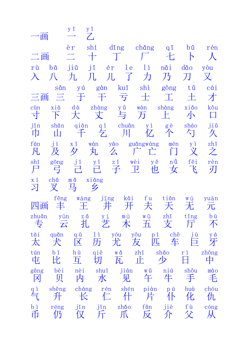 幼儿常用字笔画顺序表包含拼音