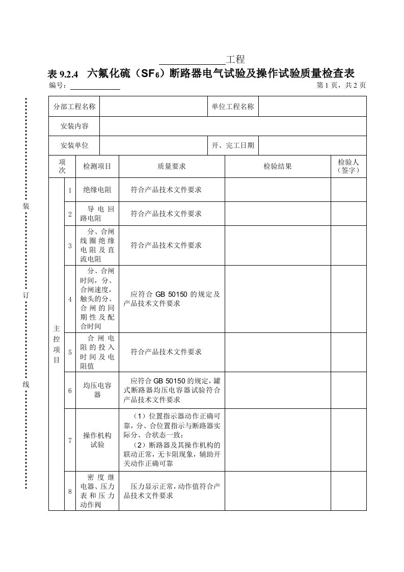 建筑资料-表924六氟化硫SF6断路器电气试验及操作试验质量检查表