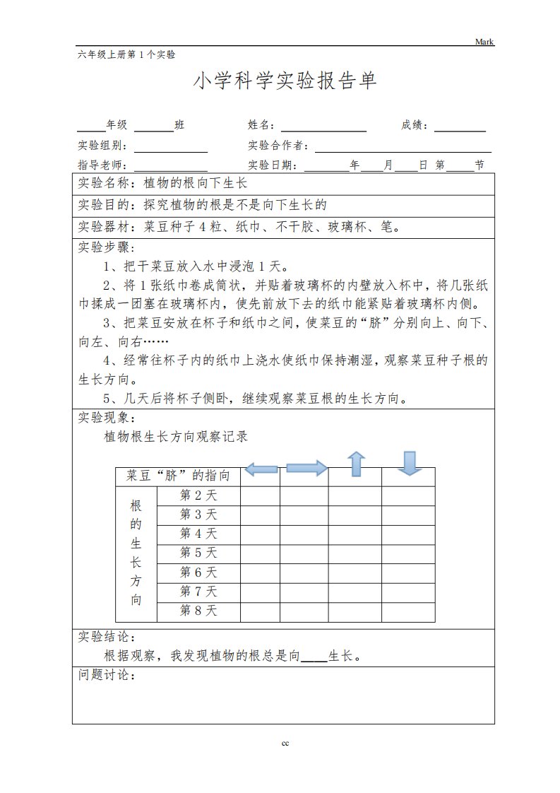 湘教版小学科学六年级上册科学实验报告单