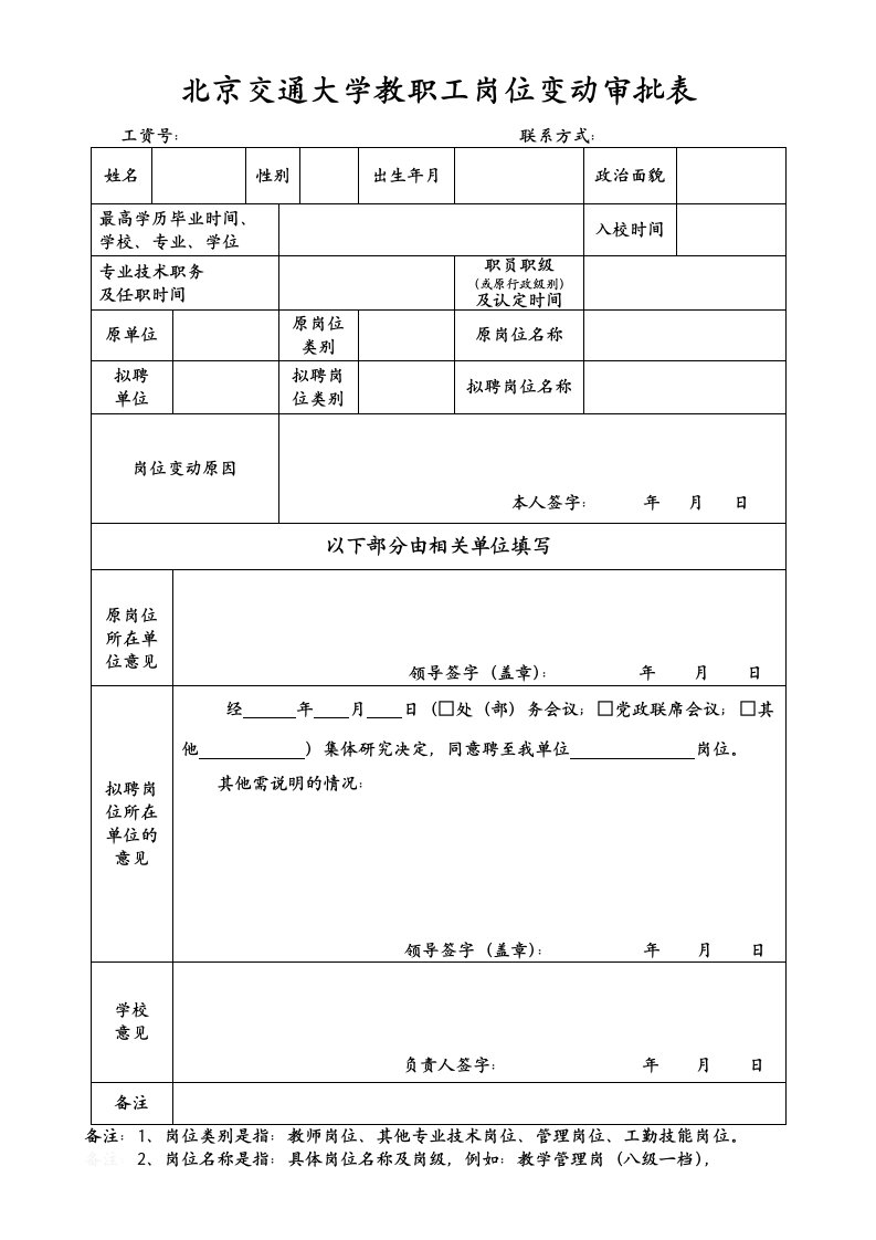 北京交通大学教职工岗位变动审批表