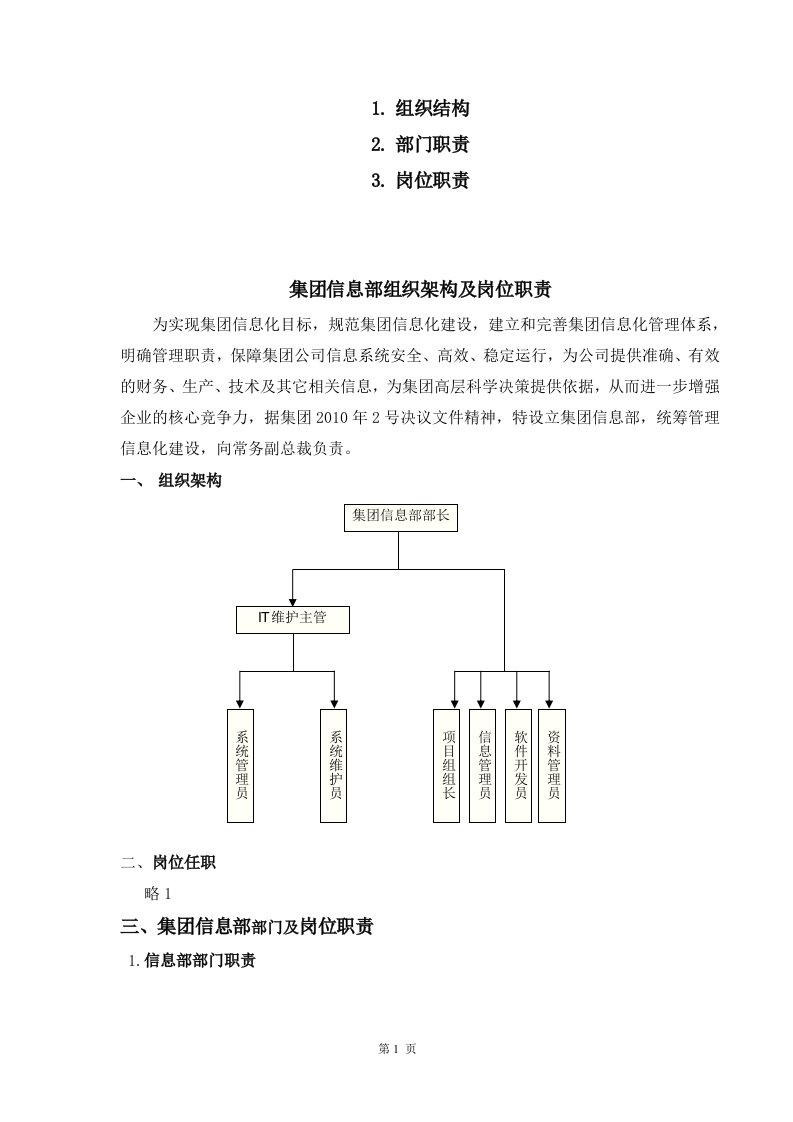 集团公司IT部组织架构及岗位职责