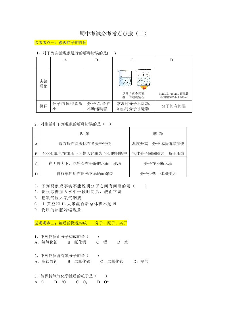 化学答疑题目-期中考试必考考点点拨