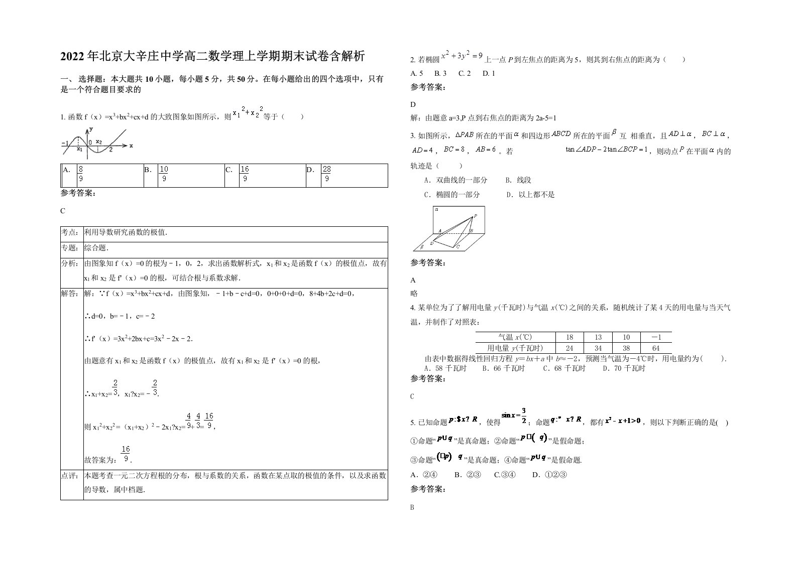 2022年北京大辛庄中学高二数学理上学期期末试卷含解析