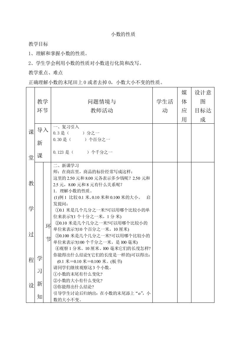 四年级下册数学——小数的性质