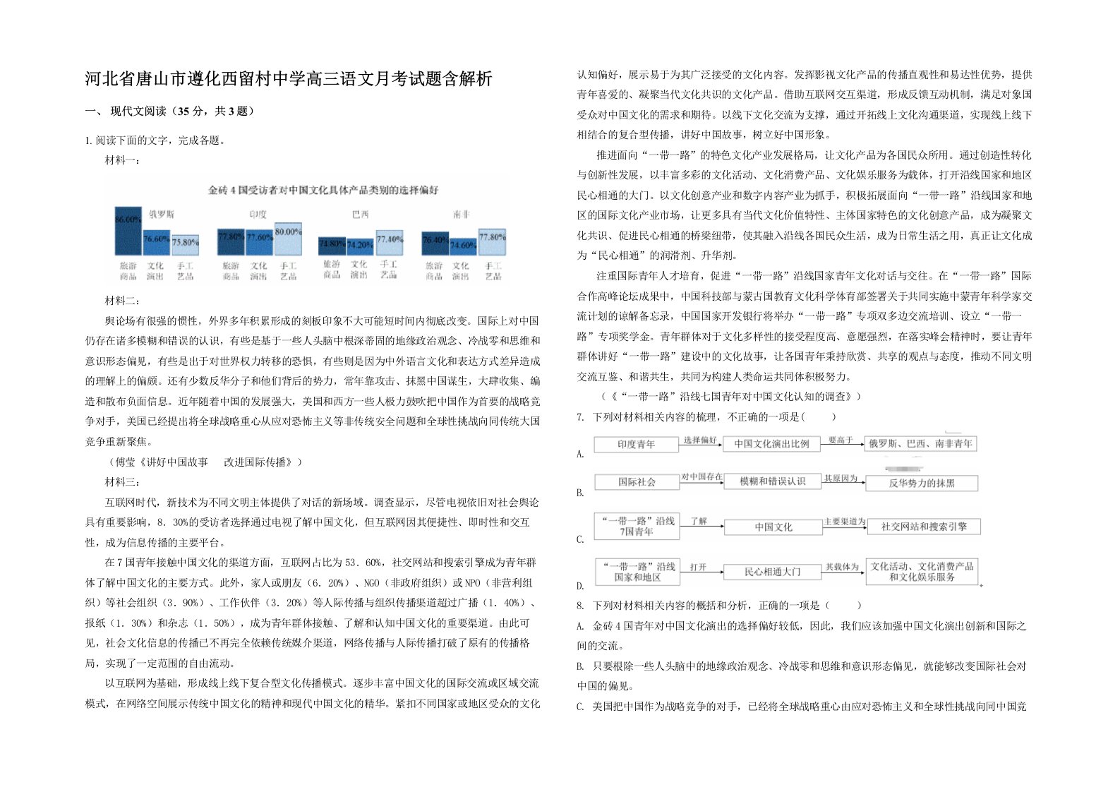 河北省唐山市遵化西留村中学高三语文月考试题含解析