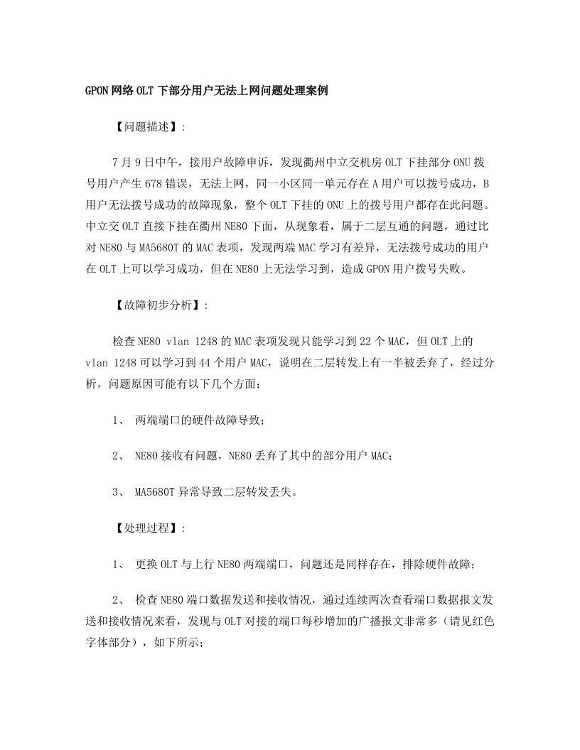 GPON网络OLT下部分用户无法上网问题处理案例