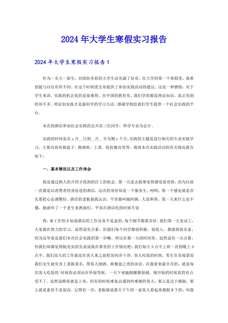 （精选）2024年大学生寒假实习报告