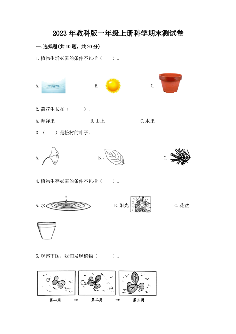 2023年教科版一年级上册科学期末测试卷及答案（精选题）