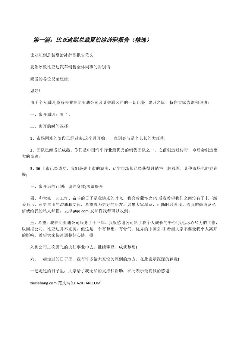 比亚迪副总裁夏治冰辞职报告（精选）[修改版]