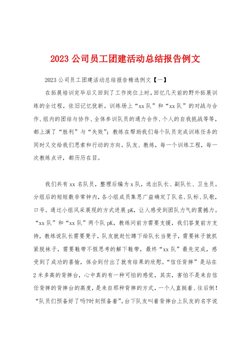 2023年公司员工团建活动总结报告例文