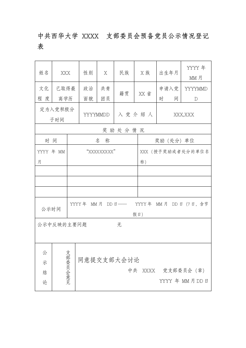 预备党员公示情况登记表-填写样本