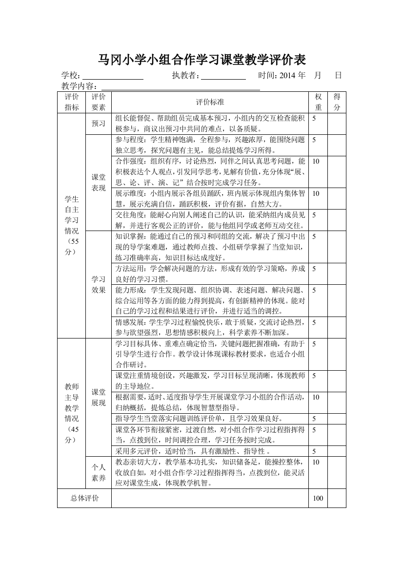 马冈小学小组合作学习课堂教学评价表[1]