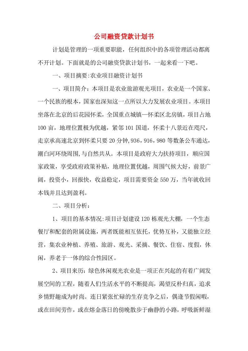 公司融资贷款计划书