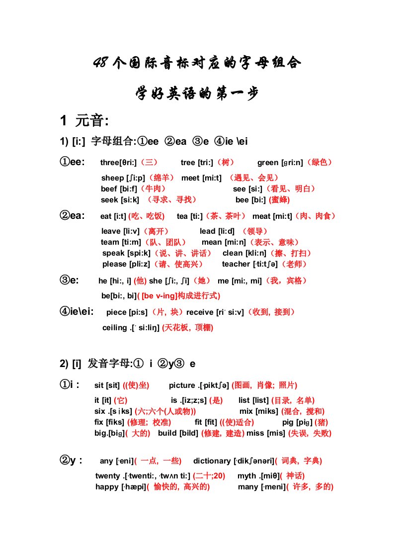 英语48个国际音标对应的字母组合