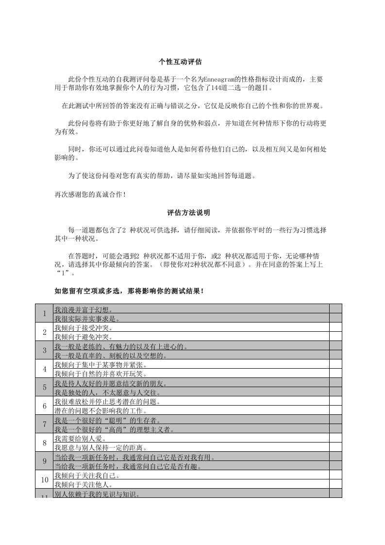 中层管理-九型人格心理营养元素测评周期表雷达版