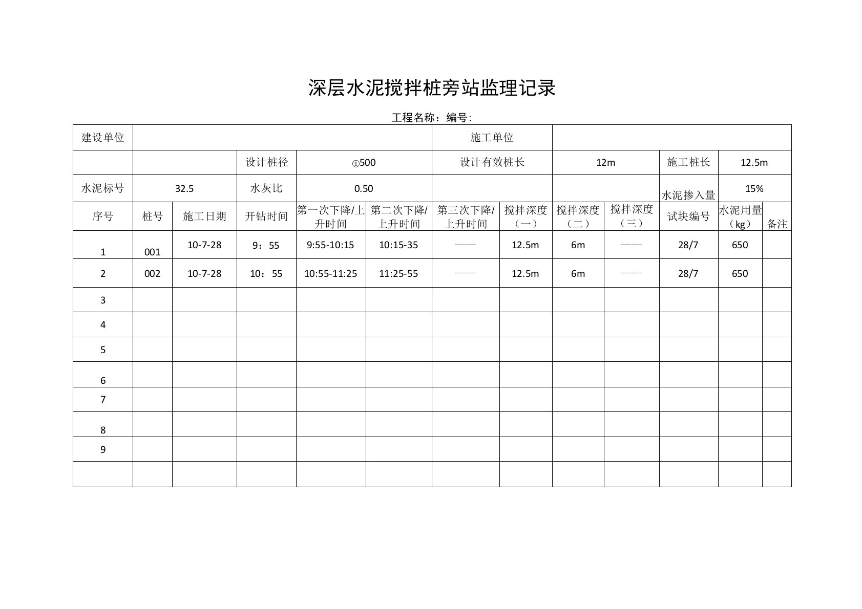 深层水泥搅拌桩旁站监理记录