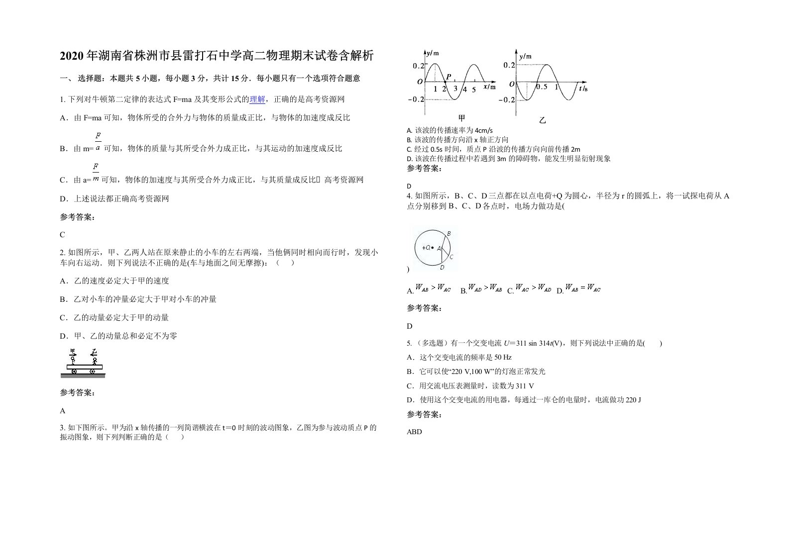 2020年湖南省株洲市县雷打石中学高二物理期末试卷含解析