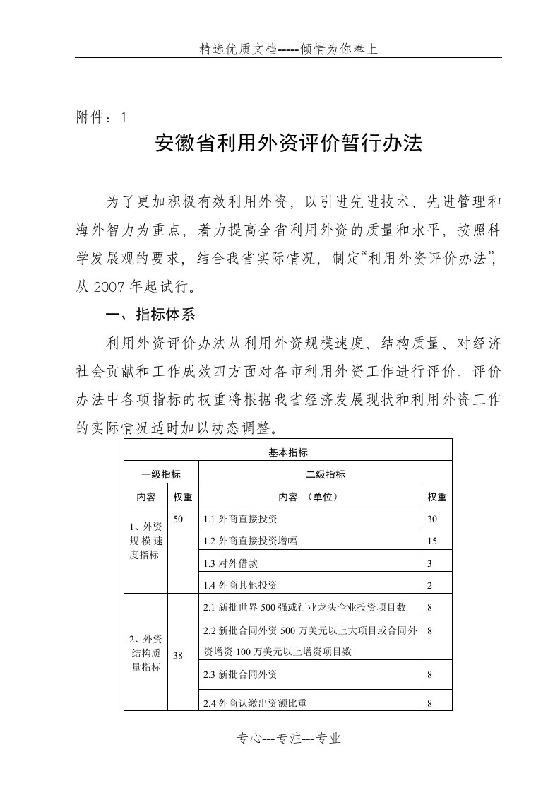 外资质量评价指标体系的构成及主要内容(共6页)