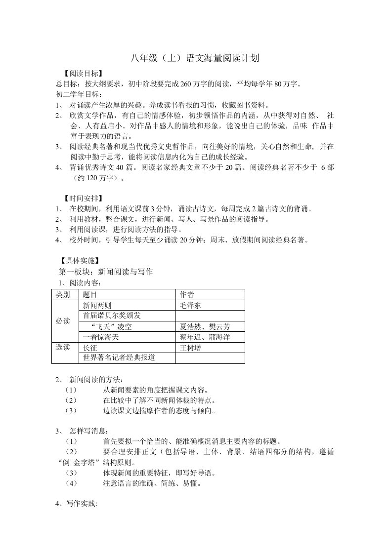 八年级(上)语文海量阅读计划