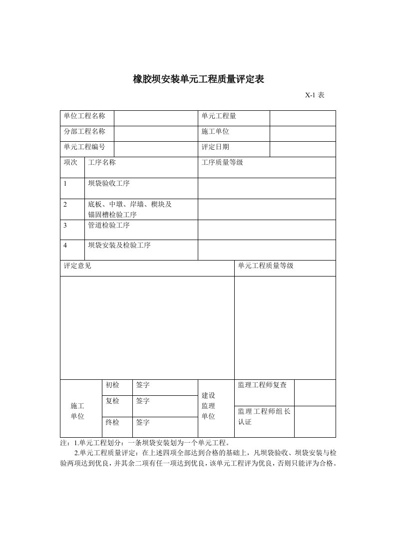 橡胶坝安装单元工程质量评定表