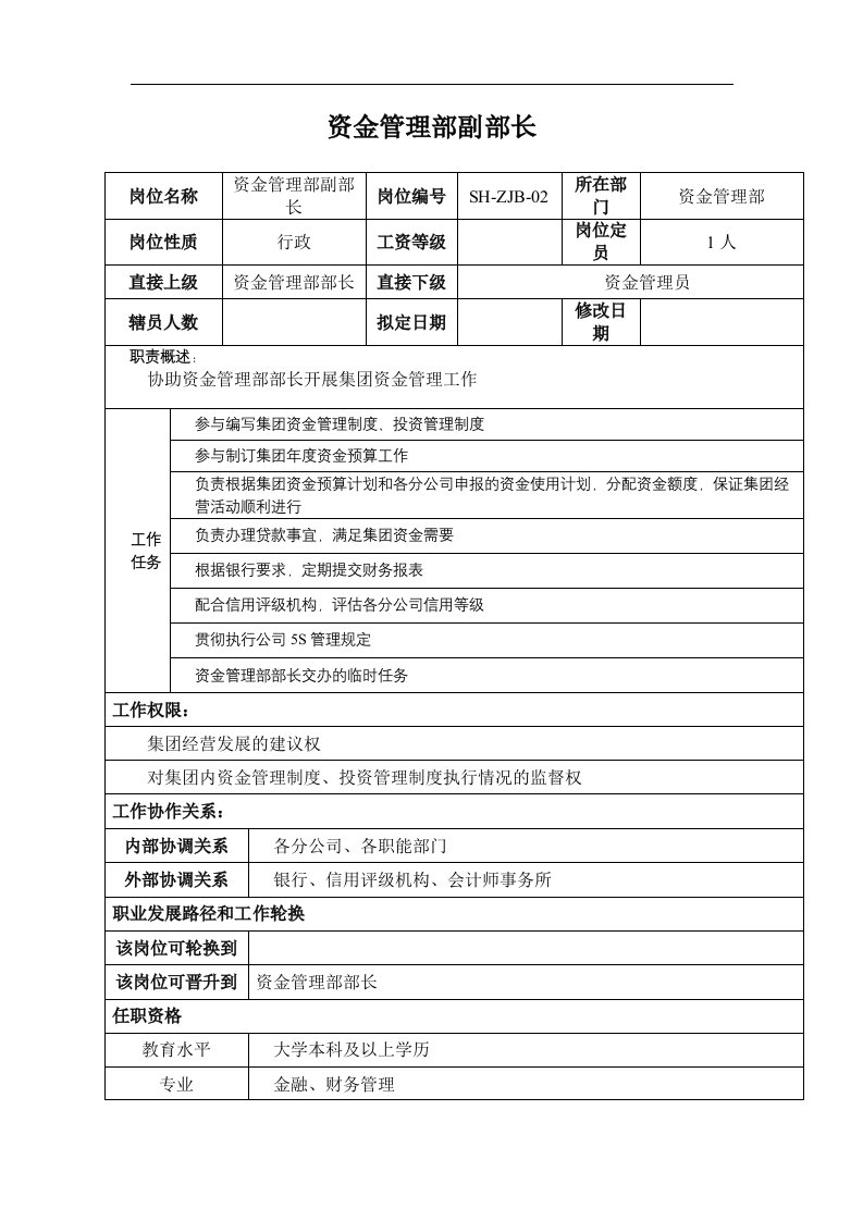 某汽车集团资金管理部副部长岗位说明书