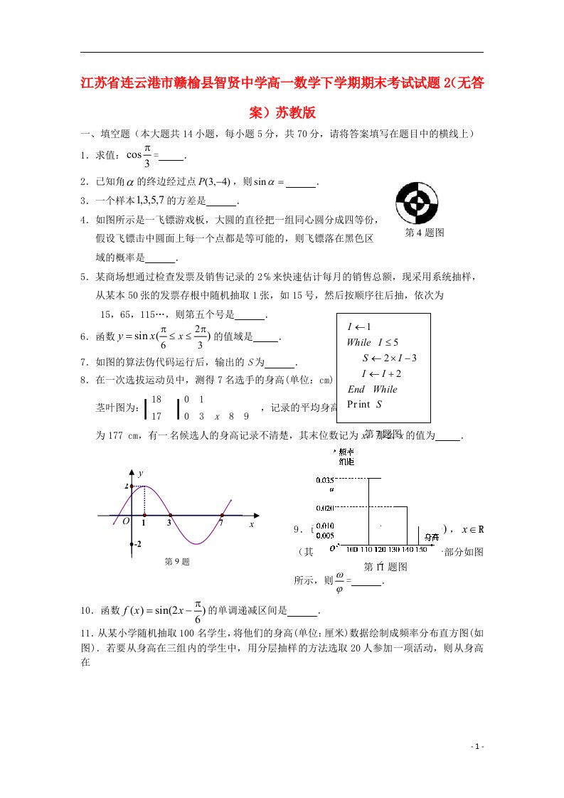 江苏省连云港市赣榆县智贤中学高一数学下学期期末考试试题2（无答案）苏教版