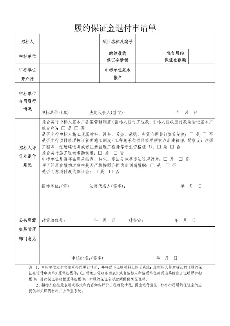 履约保证金退付申请单