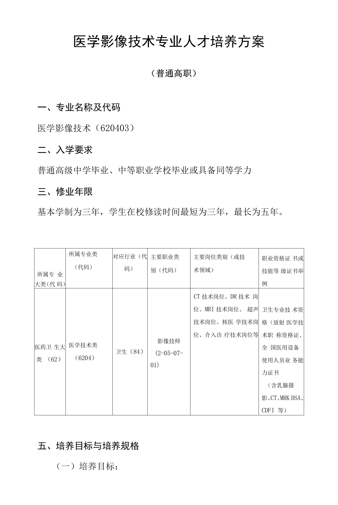 医学影像技术专业人才培养方案