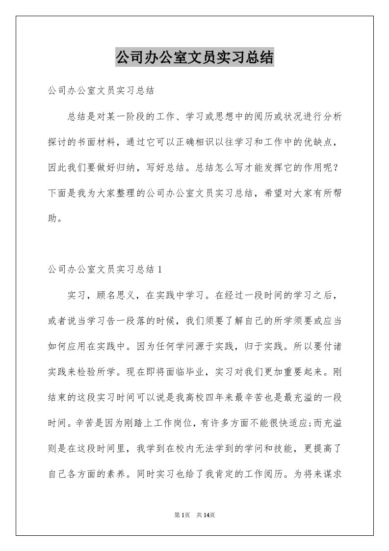 公司办公室文员实习总结例文