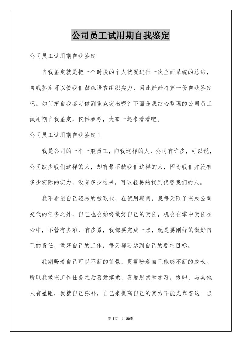 公司员工试用期自我鉴定例文0