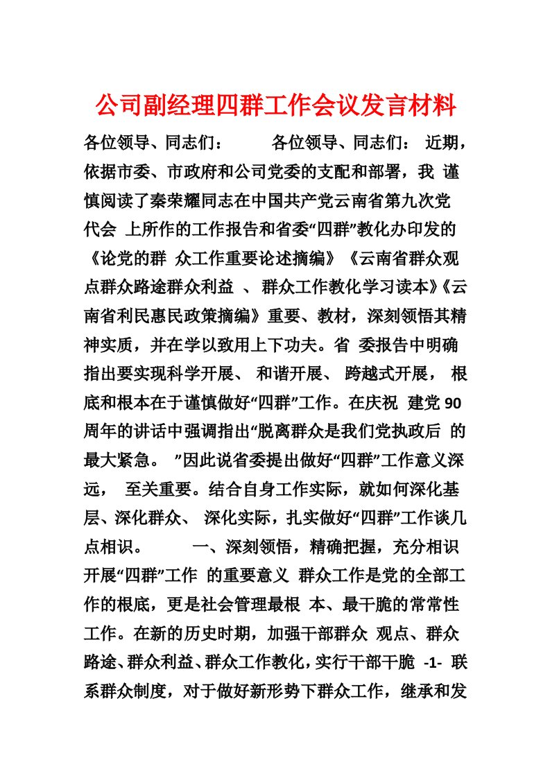 公司副经理四群工作会议发言材料