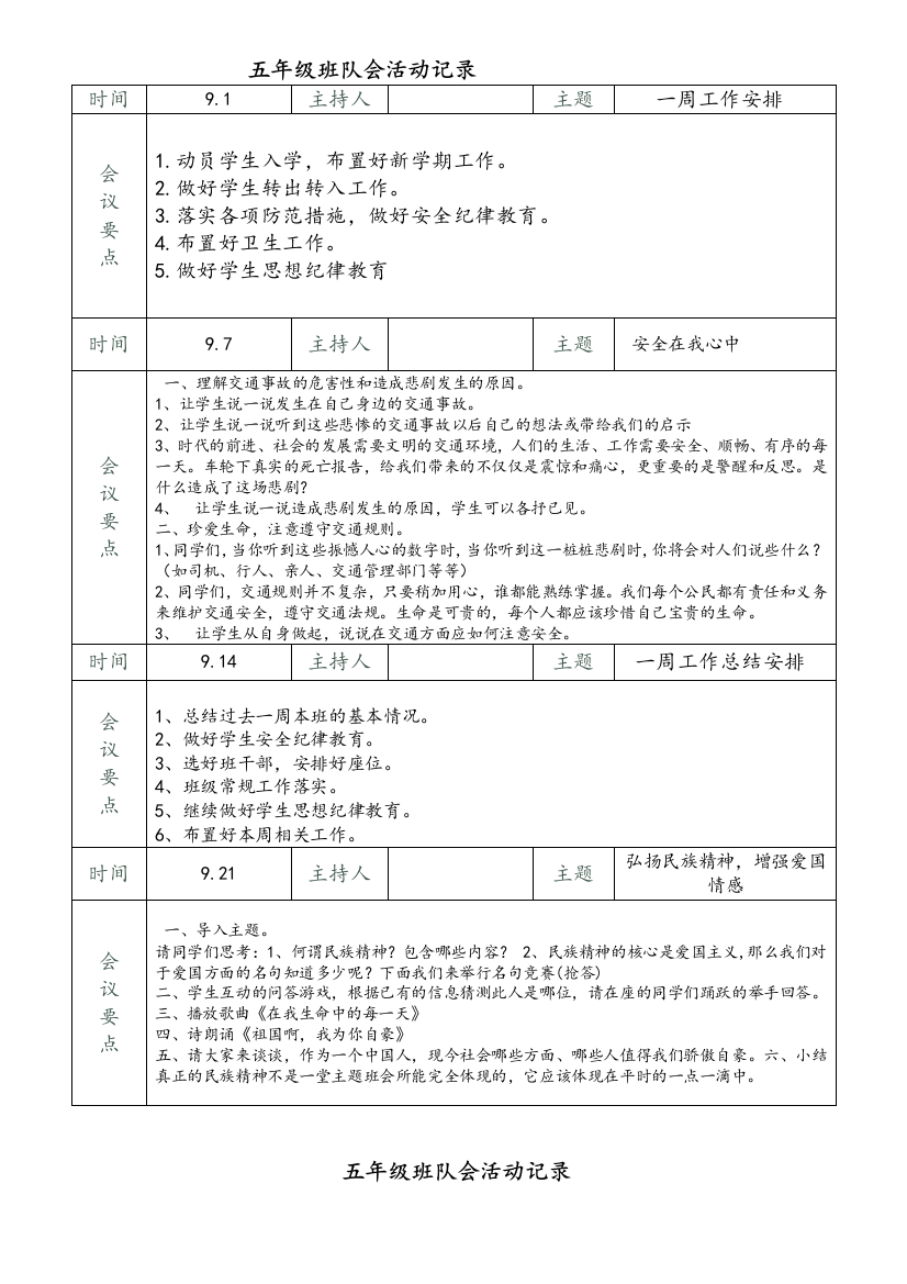 五年级班队会活动记录表