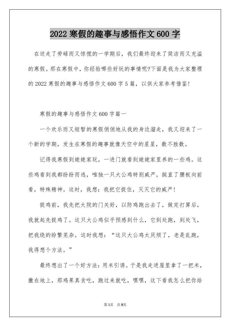 2022寒假的趣事与感悟作文600字