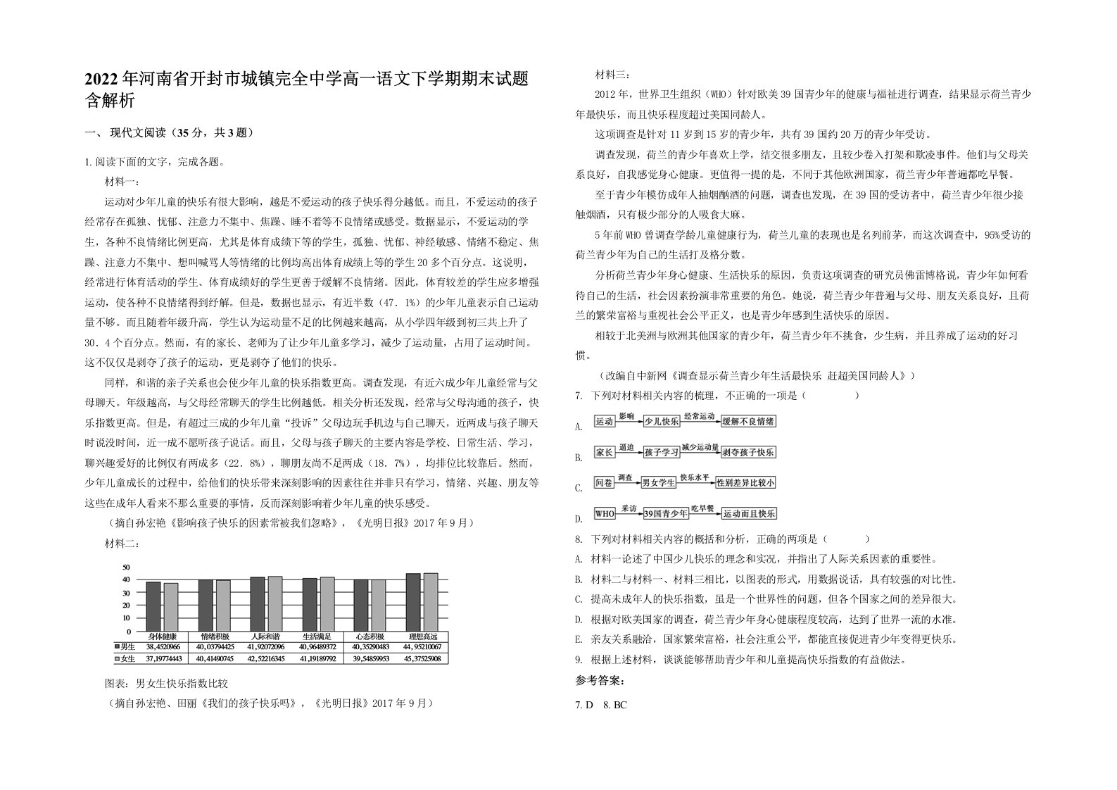 2022年河南省开封市城镇完全中学高一语文下学期期末试题含解析