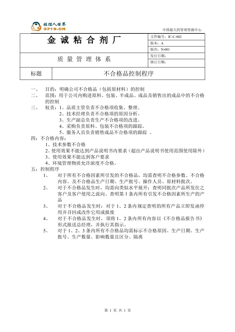 金诚粘合剂厂品质管理2006年子程序全套(8个doc)不合格品控制程序-质量工具