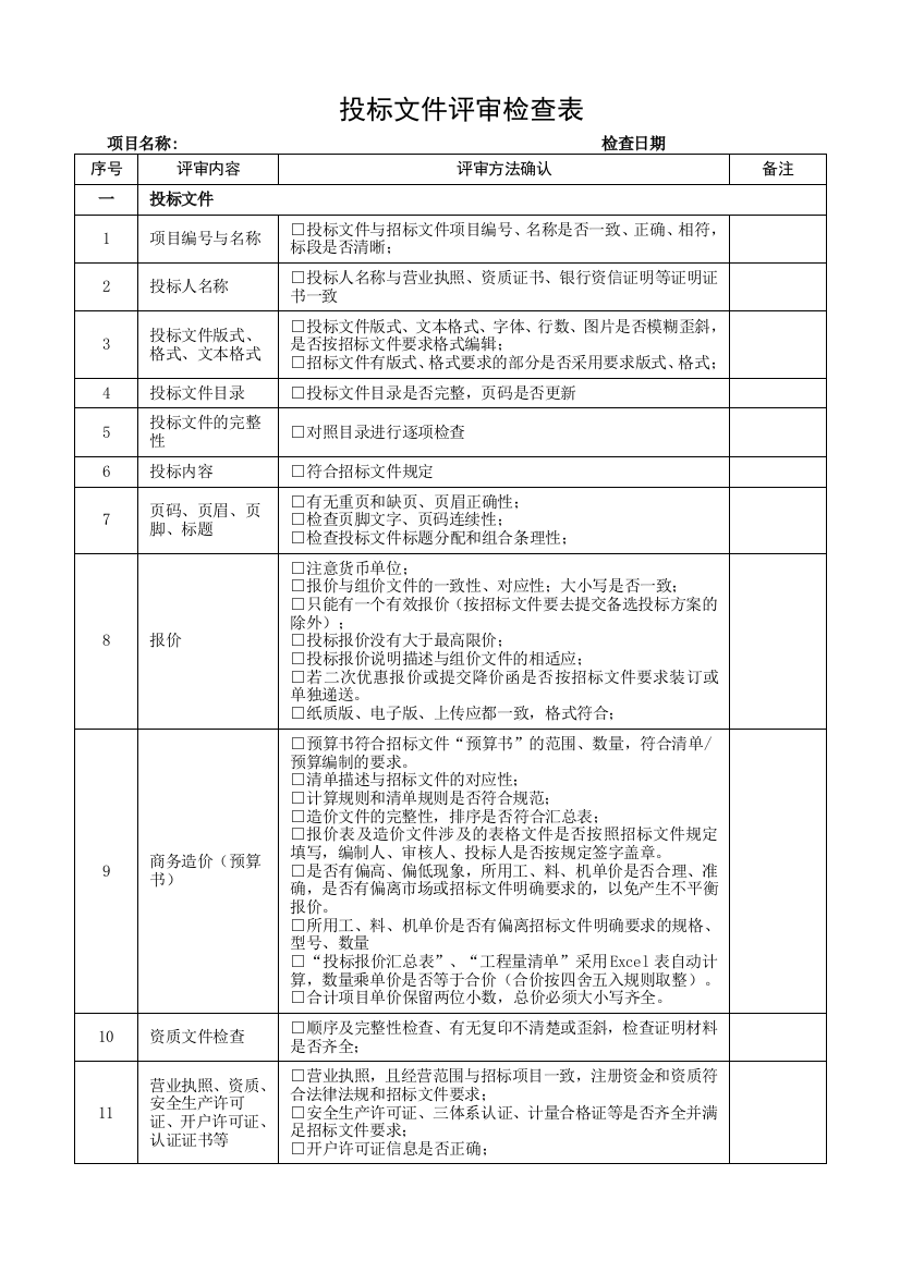 投标文件评审检查表