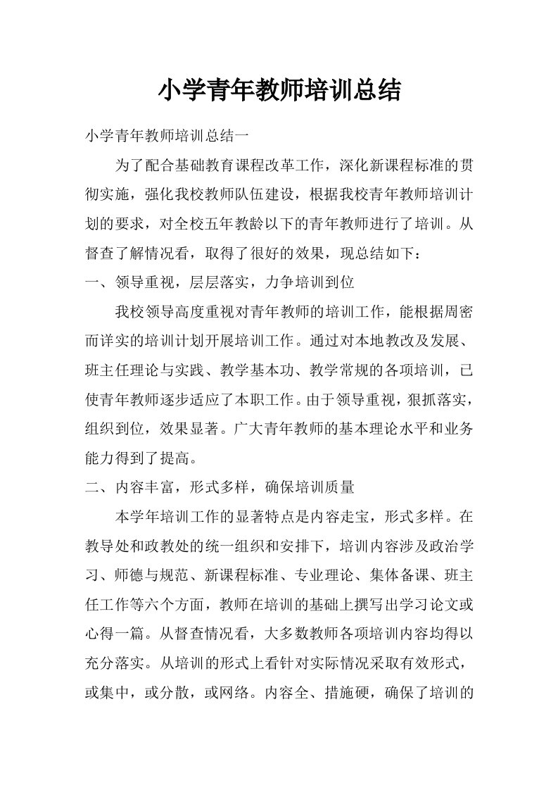 小学青年教师培训总结