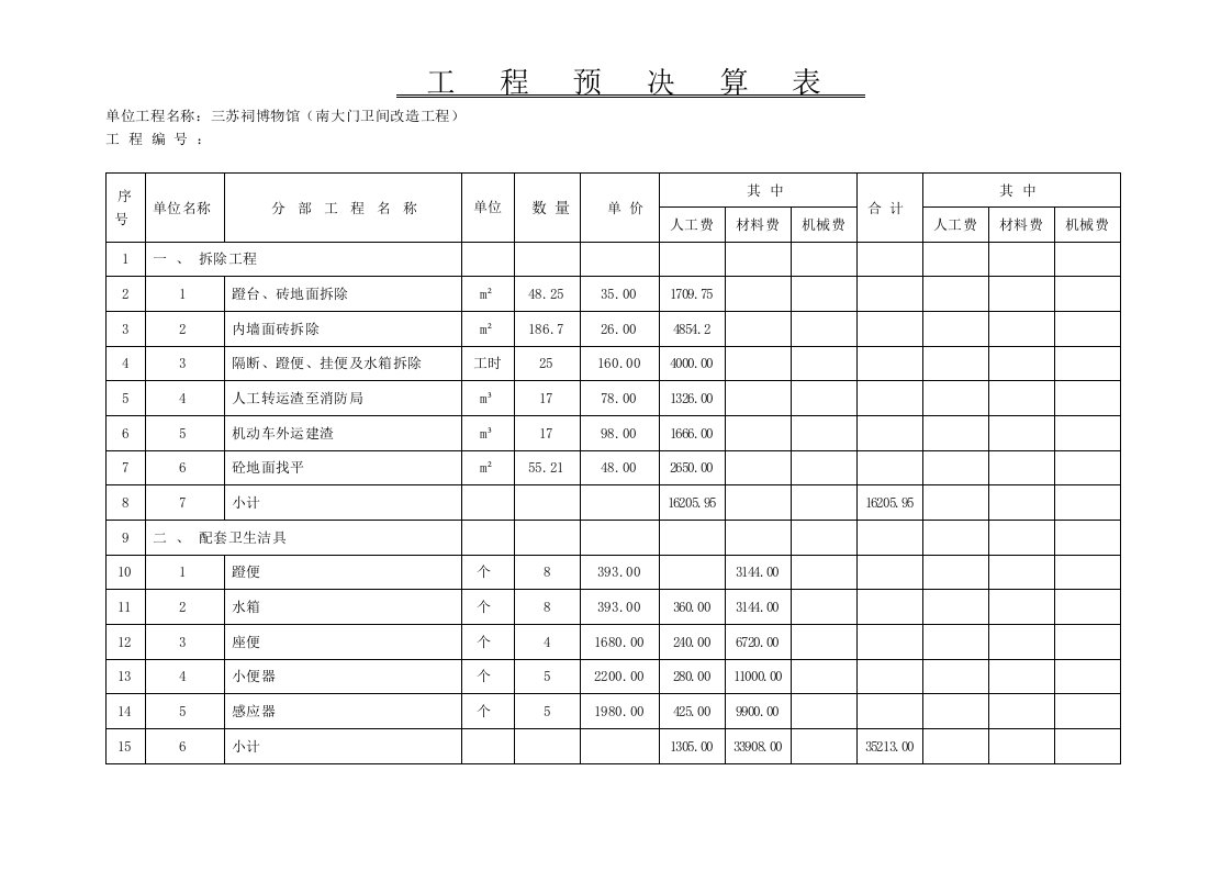 工程预决算表3