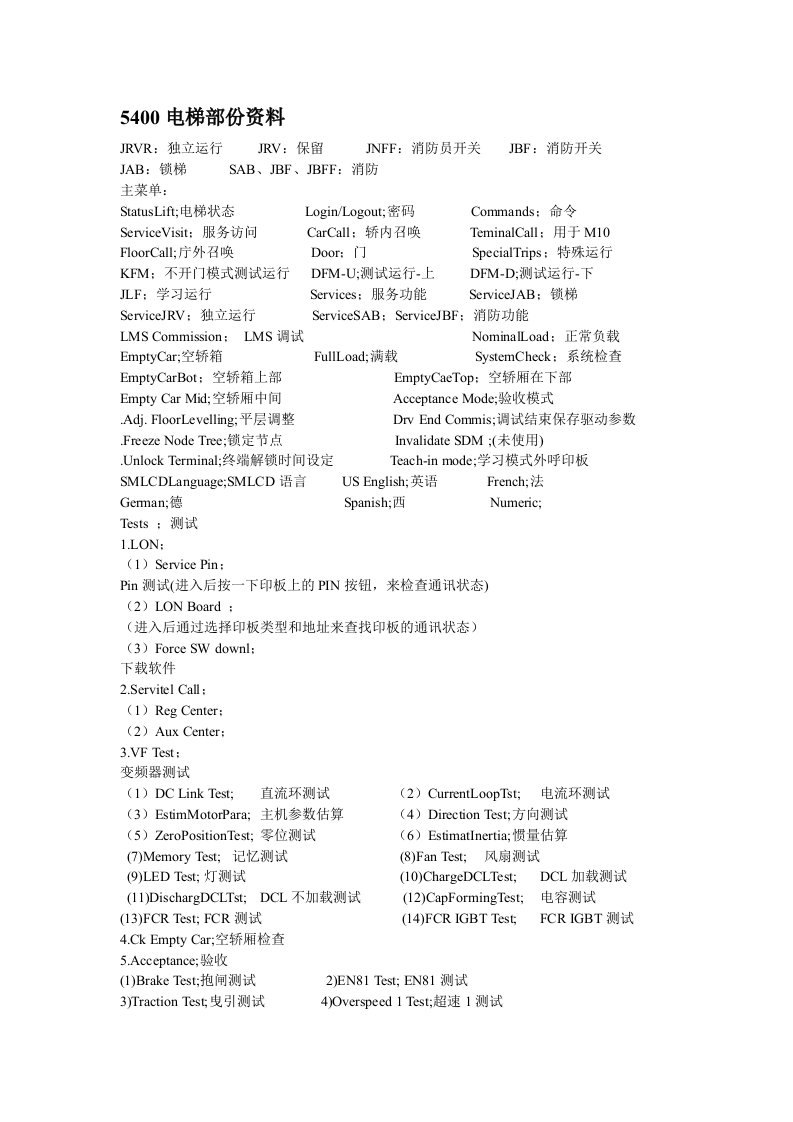 迅达5400部分调试资料说明