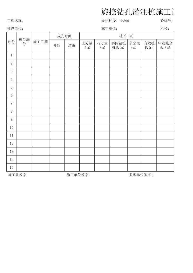 旋挖钻孔灌注桩施工记录表