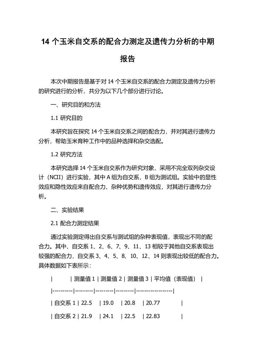 14个玉米自交系的配合力测定及遗传力分析的中期报告