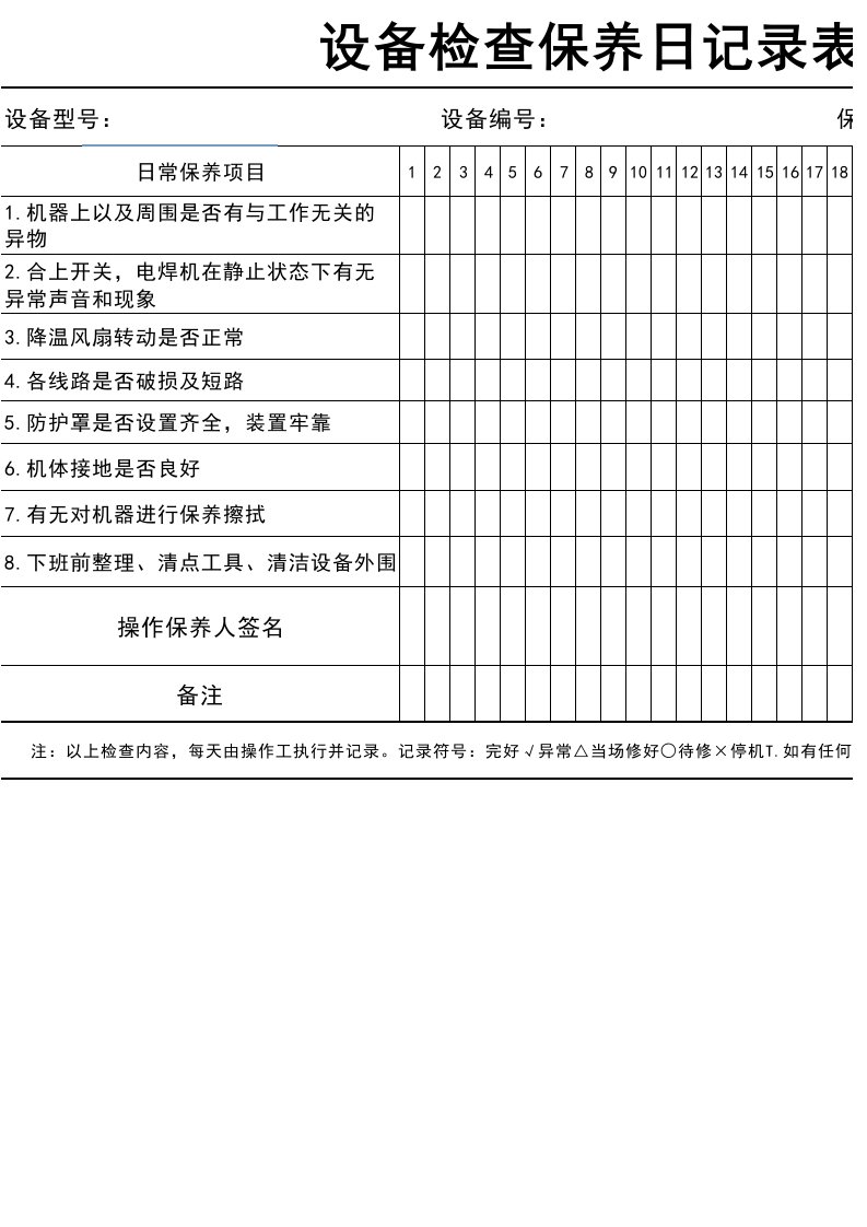 电焊机检查保养记录表