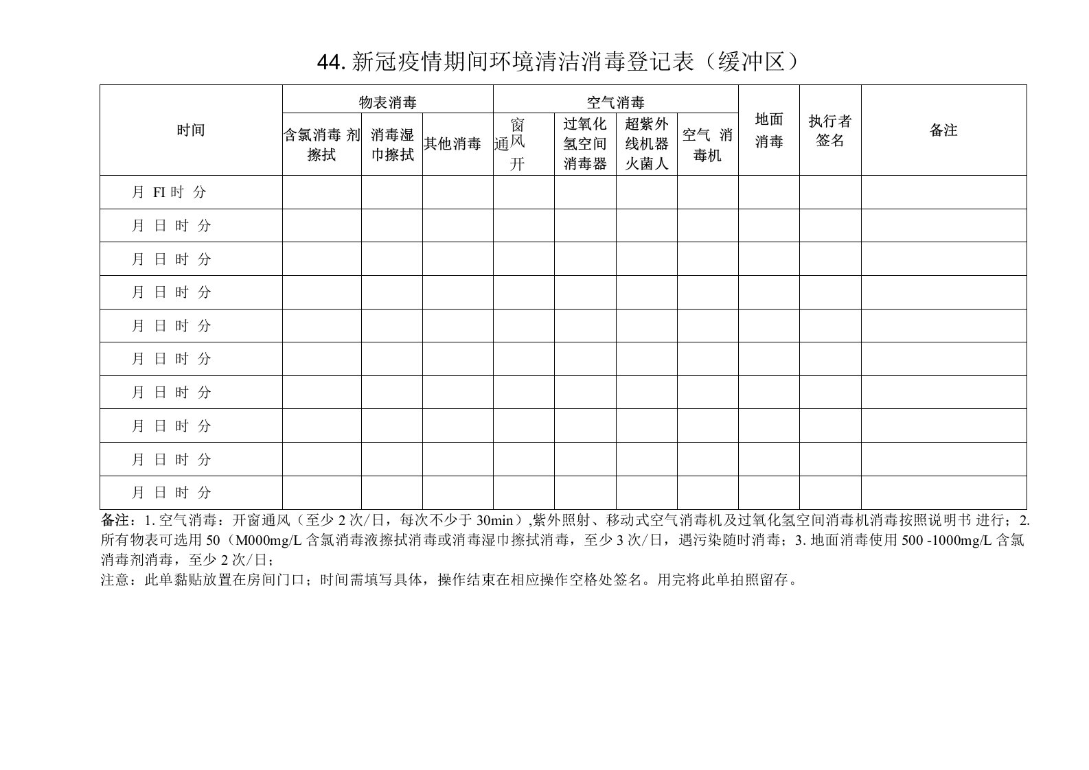 新冠疫情期间环境清洁消毒登记表(缓冲区)