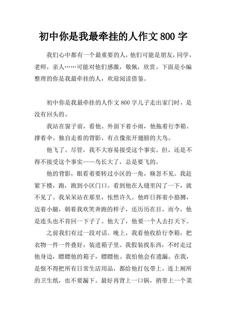 初中你是我最牵挂的人作文800字