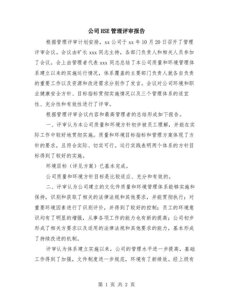 公司HSE管理评审报告