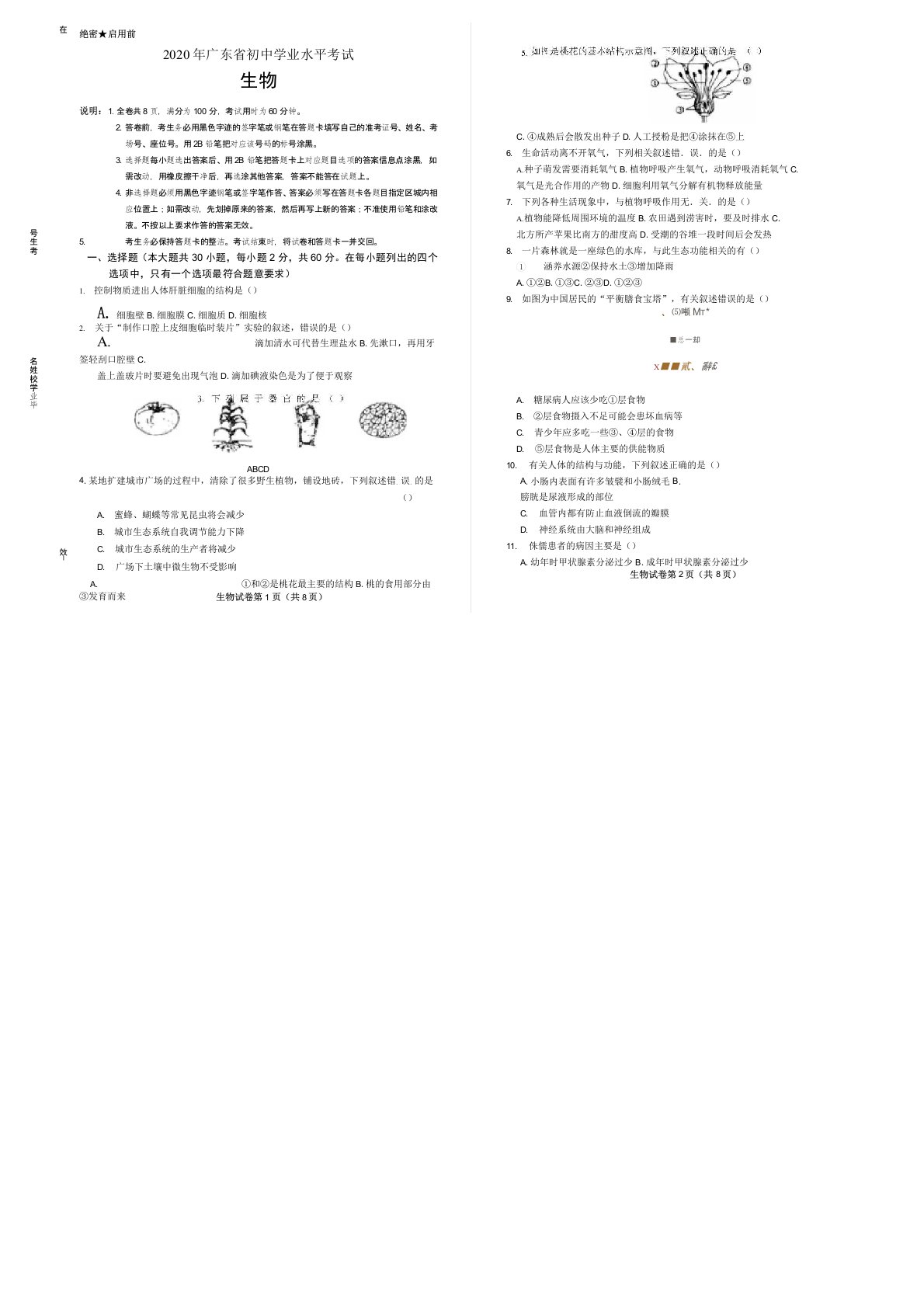 2020年广东省中考生物试卷附答案解析版