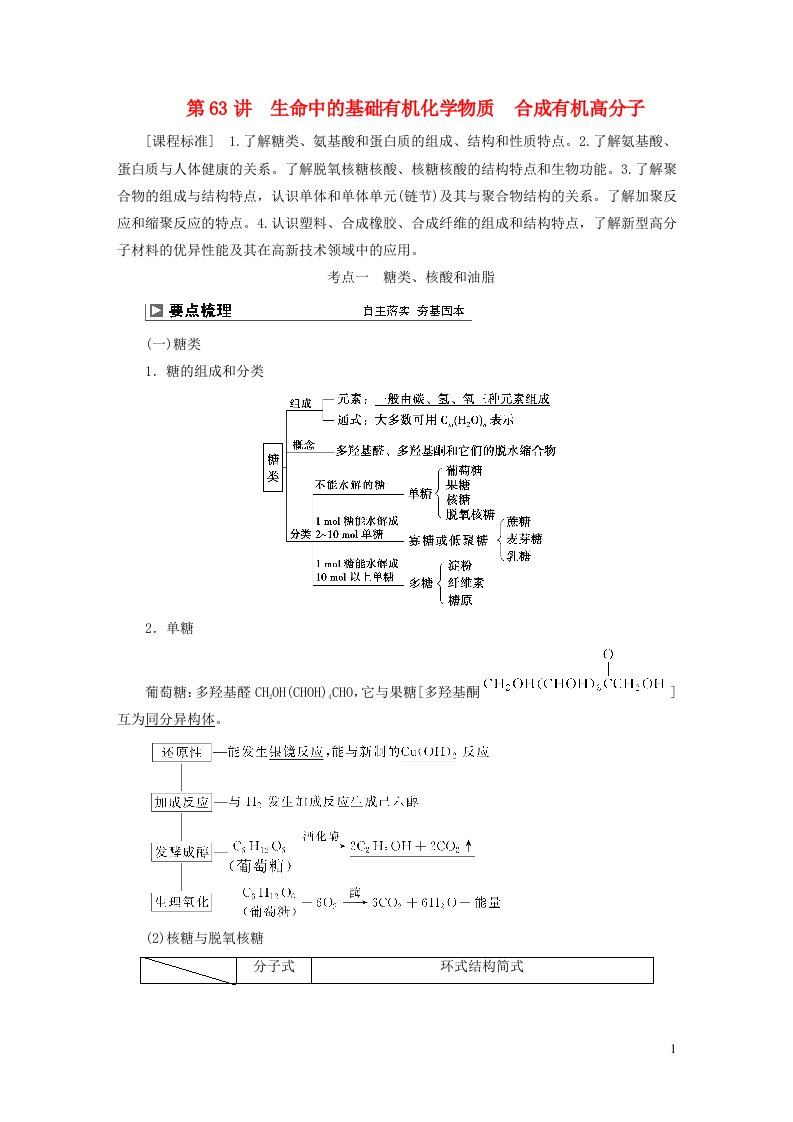 2024届高考化学一轮复习第十二章有机化学基础第63讲生命中的基础有机化学物质合成有机高分子